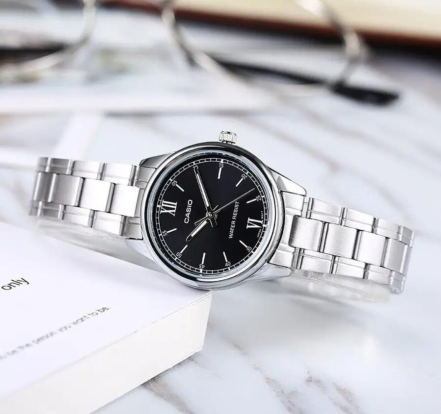 LTP-V005D-1B2UDF Casio Black Dial Silver Stainless Steel Analog Quartz Women's Watch. - Timecheck