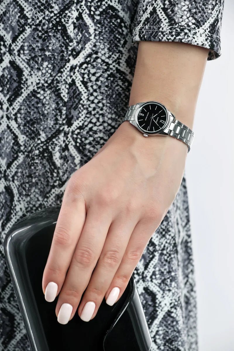 LTP-V005D-1BUDF Casio Black Dial Silver Stainless Steel Analog Quartz Women's Watch. - Timecheck