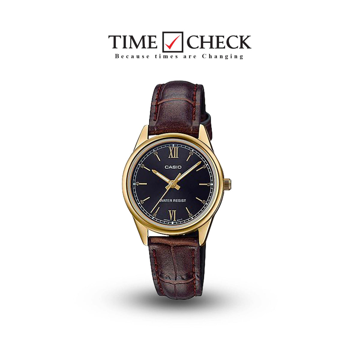 LTP-V005GL-1B2UDF Casio Gold Tone Brown Leather Black Dial Analog Women's Watch. - Timecheck