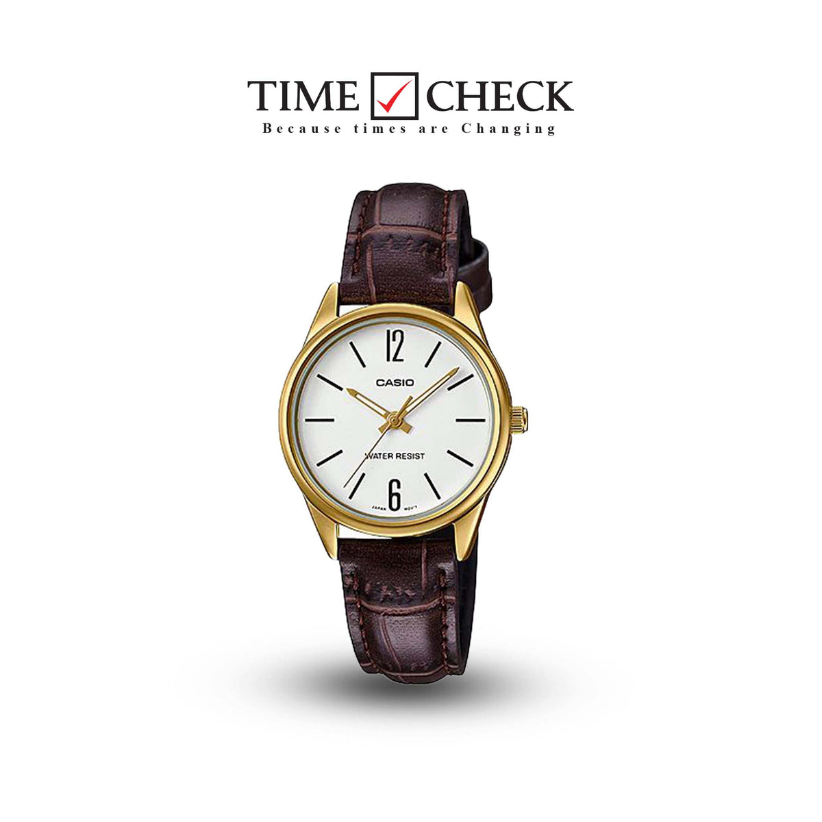 LTP-V005GL-7BUDF Casio Standard Gold Tone Leather Band Analog Women's Watch. - Timecheck
