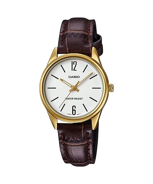LTP-V005GL-7BUDF Casio Standard Gold Tone Leather Band Analog Women's Watch. - Timecheck
