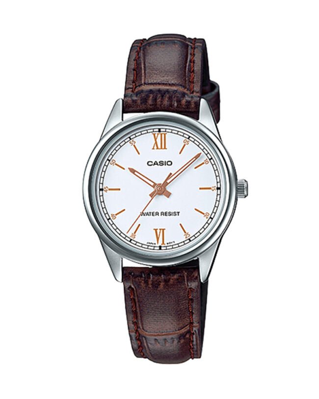 LTP-V005L-7B3UDF Casio White Dial Leather Strap Analog Quartz Women's Watch. - Timecheck