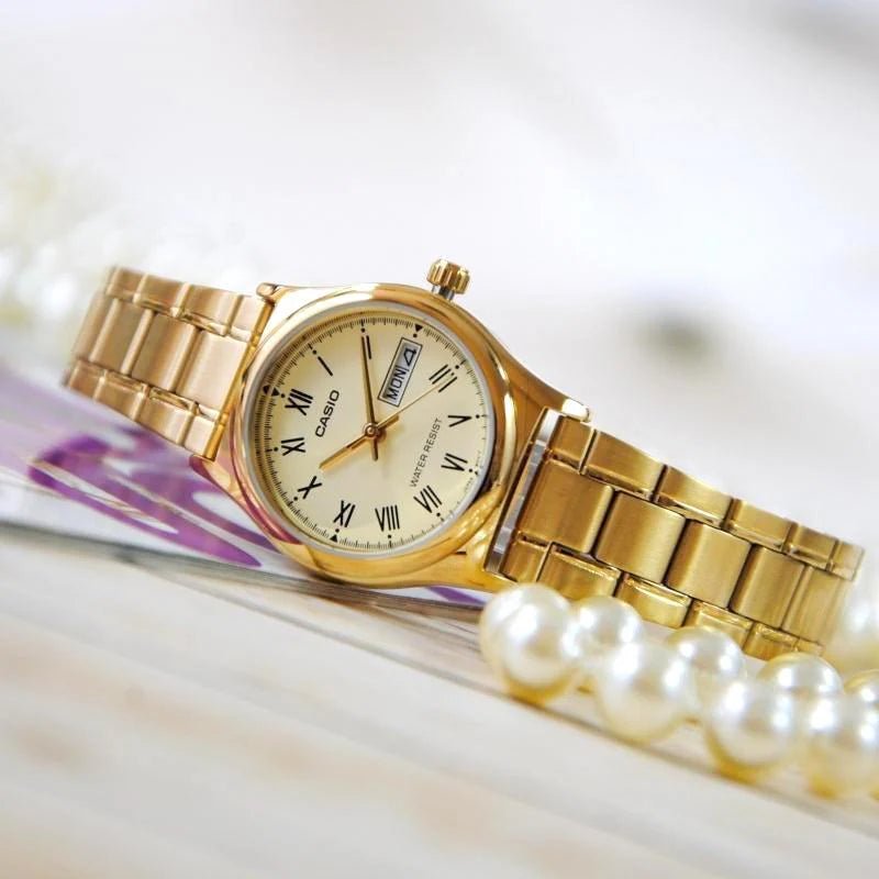 LTP-V006G-9BUDF Casio Golden Dial Gold Chain Stainless Steel Analog Women's Watch. - Timecheck