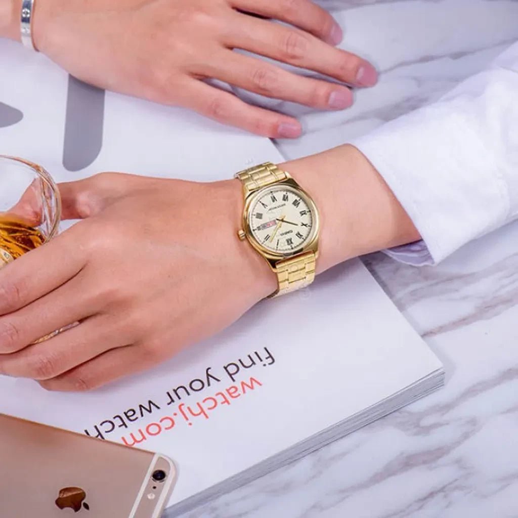 LTP-V006G-9BUDF Casio Golden Dial Gold Chain Stainless Steel Analog Women's Watch. - Timecheck