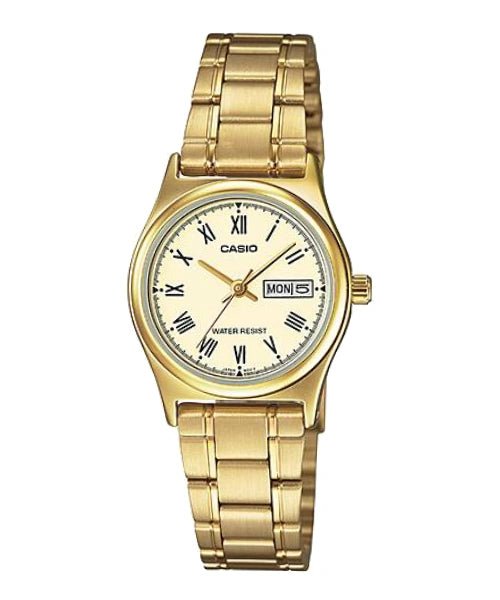 LTP-V006G-9BUDF Casio Golden Dial Gold Chain Stainless Steel Analog Women's Watch. - Timecheck
