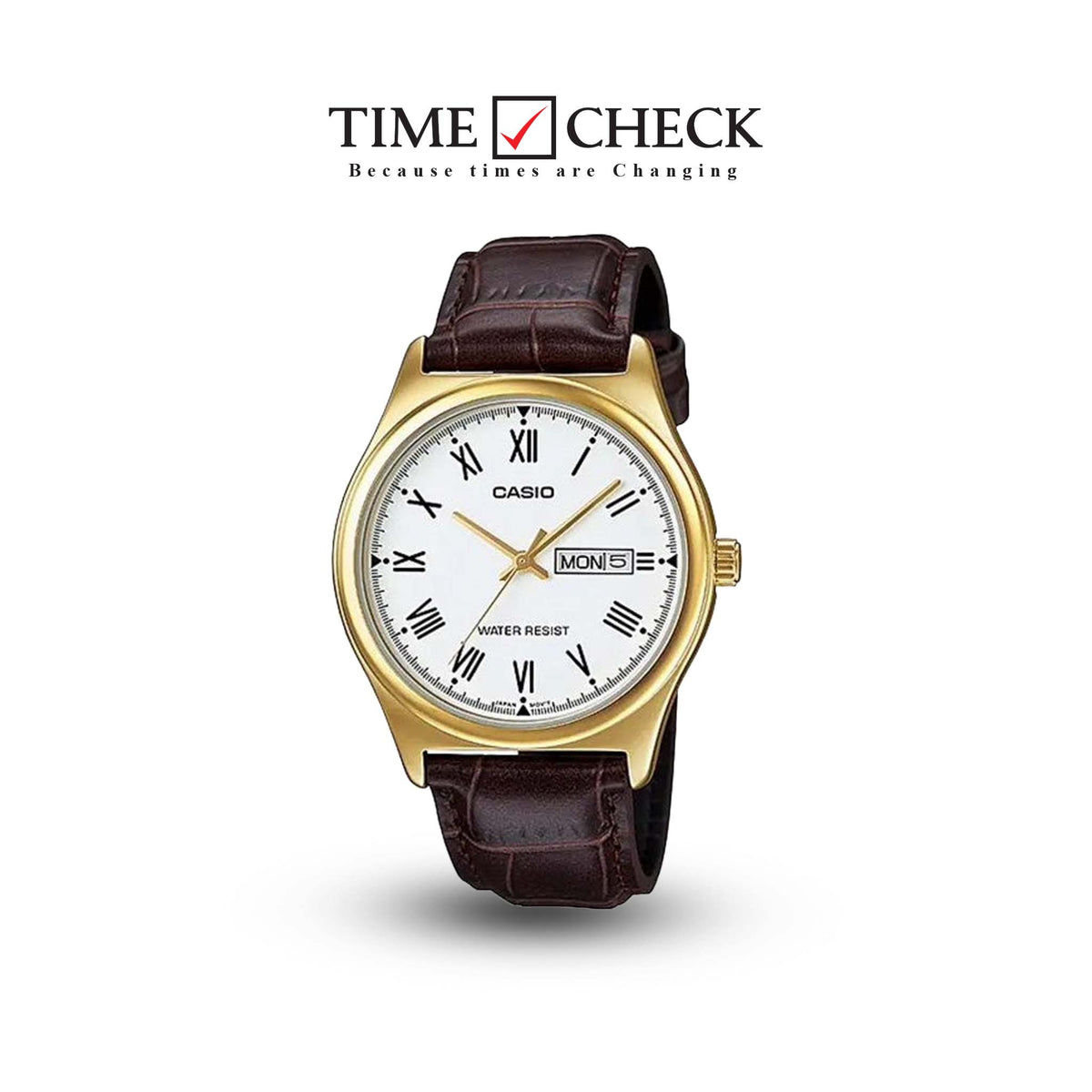 LTP-V006GL-7BUDF Casio White Dial Day Date Leather Strap Analog Women's Watch. - Timecheck
