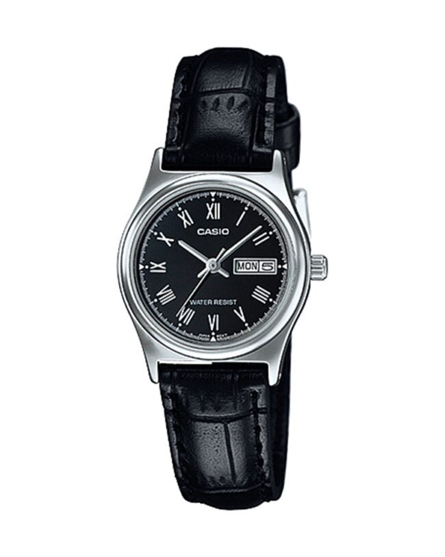 LTP-V006L-1BUDF Casio Black Dial Black Leather Strap Analog Quartz Women's Watch. - Timecheck