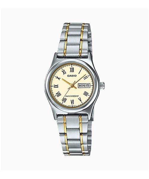 LTP-V006SG-9BUDF Casio White Dial Silver Gold Chain Stainless Steel Analog Women's Watch. - Timecheck