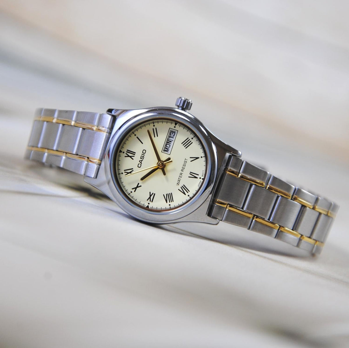 LTP-V006SG-9BUDF Casio White Dial Silver Gold Chain Stainless Steel Analog Women's Watch. - Timecheck