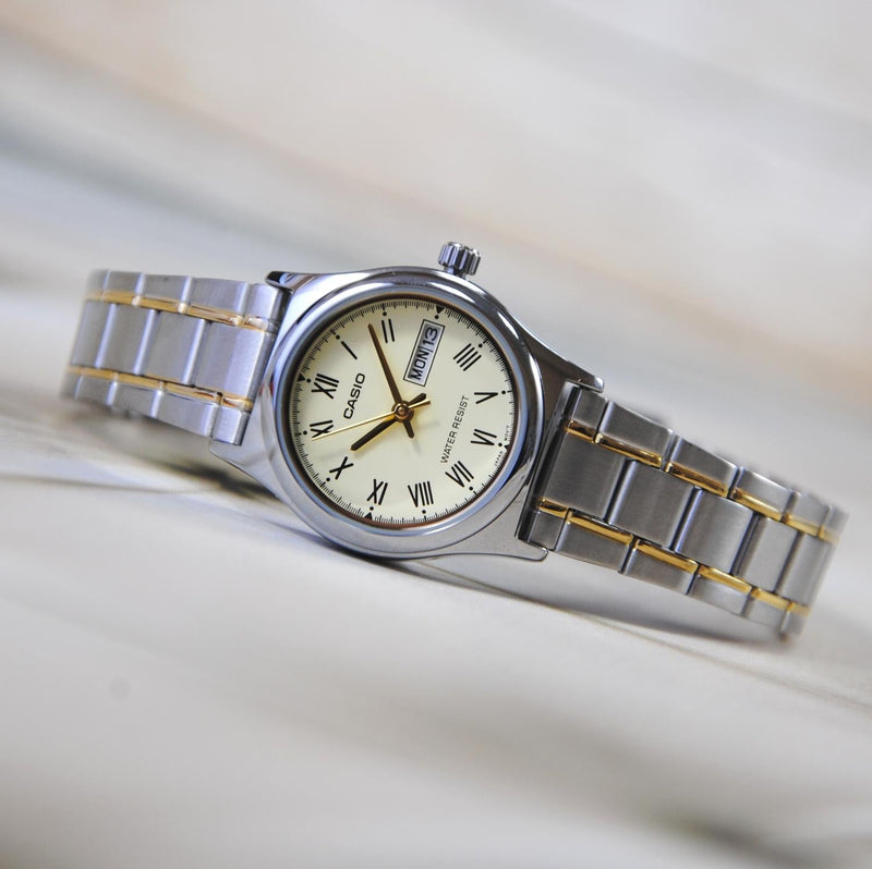 LTP-V006SG-9BUDF Casio White Dial Silver Gold Chain Stainless Steel Analog Women's Watch. - Timecheck