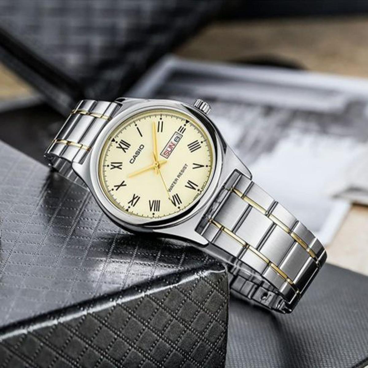 LTP-V006SG-9BUDF Casio White Dial Silver Gold Chain Stainless Steel Analog Women's Watch. - Timecheck