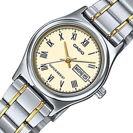 LTP-V006SG-9BUDF Casio White Dial Silver Gold Chain Stainless Steel Analog Women's Watch. - Timecheck