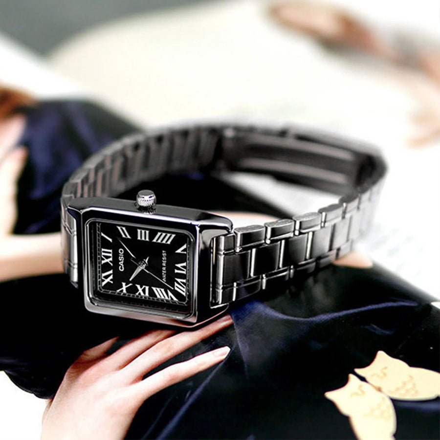 LTP-V007D-1BUDF Casio Black Dial Silver Stainless Steel Chain Analog Quartz Women's Watch with box and bag - Timecheck