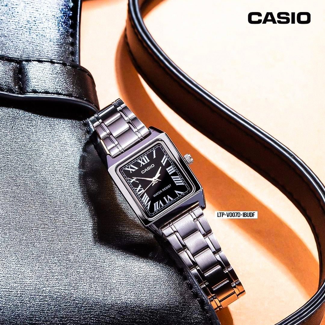 LTP-V007D-1BUDF Casio Black Dial Silver Stainless Steel Chain Analog Quartz Women's Watch with box and bag - Timecheck