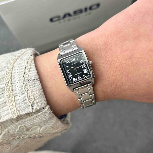 LTP-V007D-1BUDF Casio Black Dial Silver Stainless Steel Chain Analog Quartz Women's Watch with box and bag - Timecheck