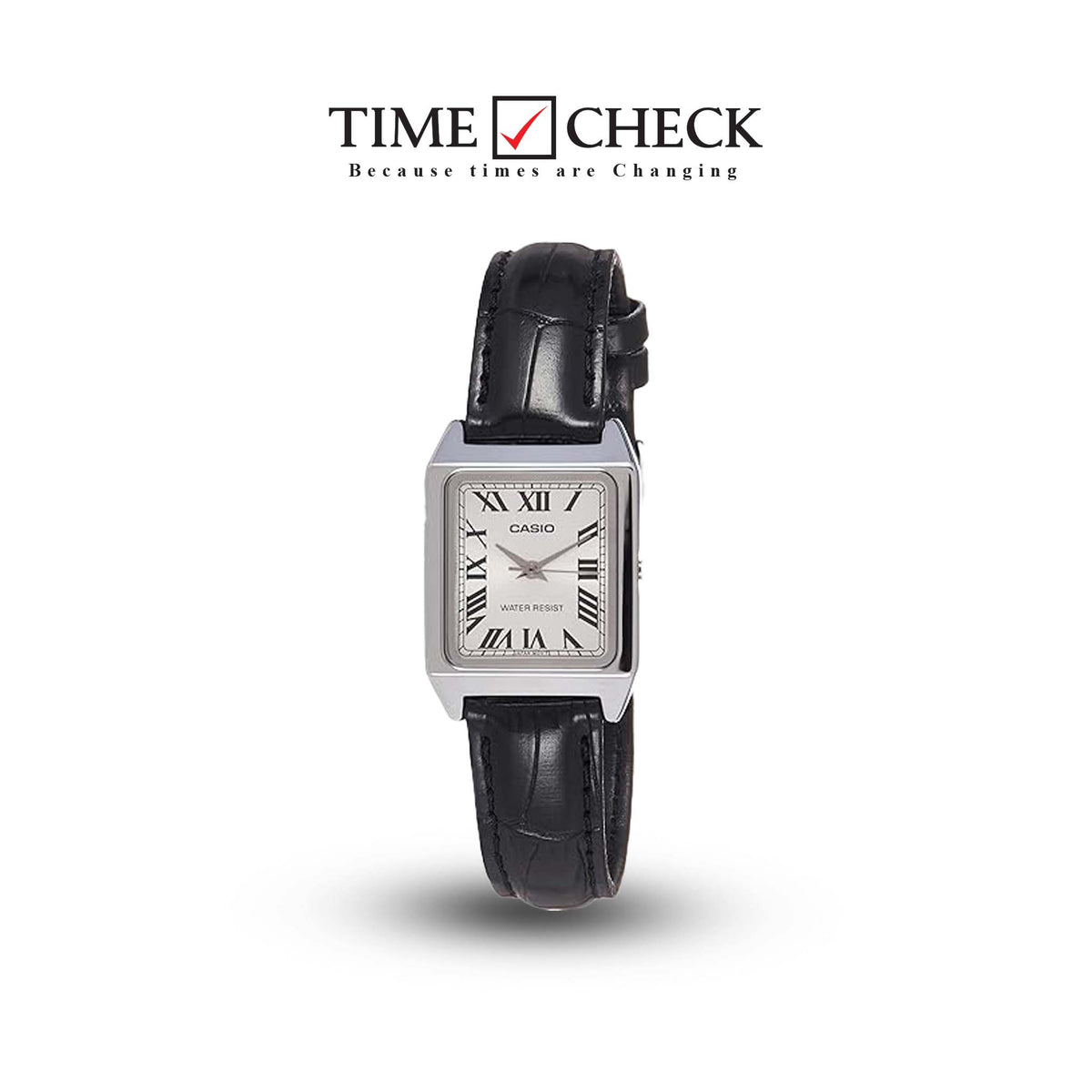 LTP-V007L-7B1UDF Casio Silver Dial Black Leather Strap Analog Quartz Women's Watch. - Timecheck