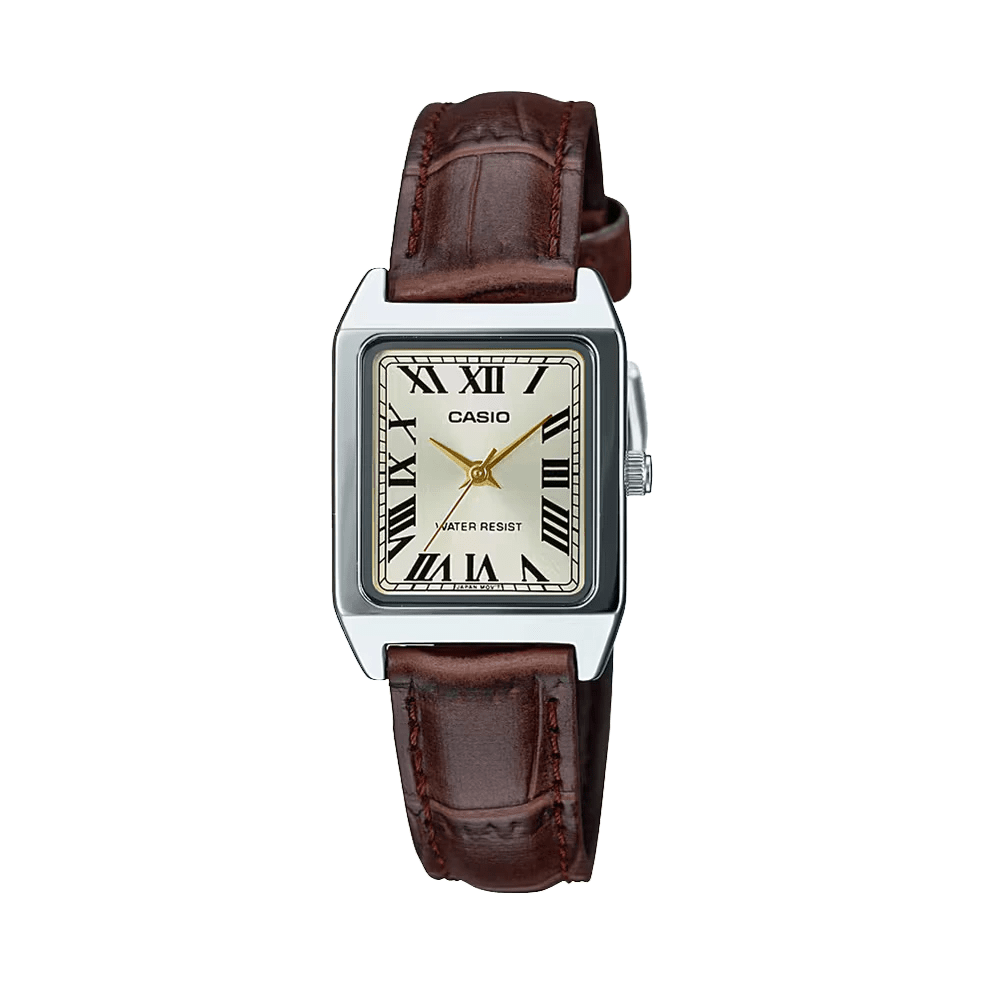 LTP-V007L-9BUDF Casio Silver Dial Brown Leather Strap Analog Quartz Women's Watch. - Timecheck