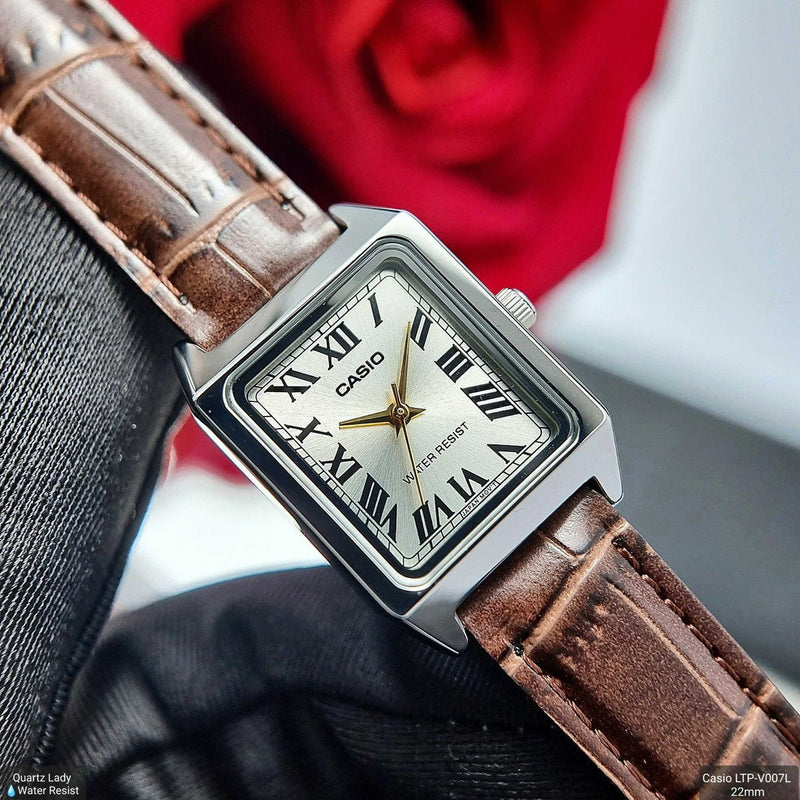 LTP-V007L-9BUDF Casio Silver Dial Brown Leather Strap Analog Quartz Women's Watch. - Timecheck