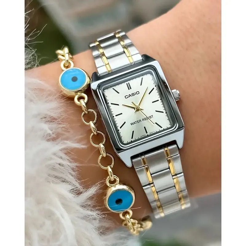 LTP-V007SG-9EUDF Casio Golden Dial Silver Golden Stainless Steel Chain Analog Quartz Women's Watch with box and bag - Timecheck