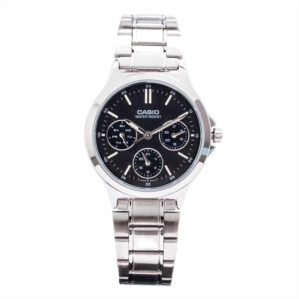 LTP-V300D-1AUDF Casio Black Dial Silver Stainless Steel Analog Quartz Women's Watch. - Timecheck