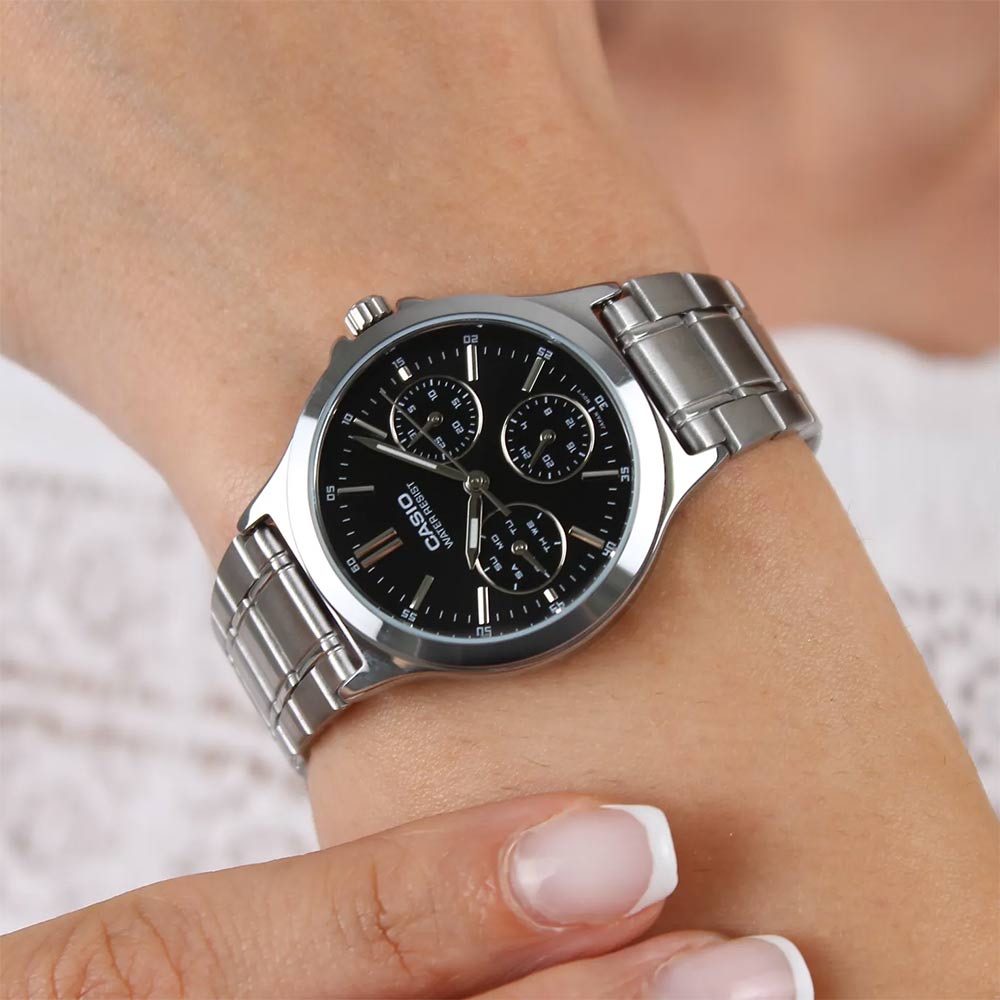 LTP-V300D-1AUDF Casio Black Dial Silver Stainless Steel Analog Quartz Women's Watch. - Timecheck