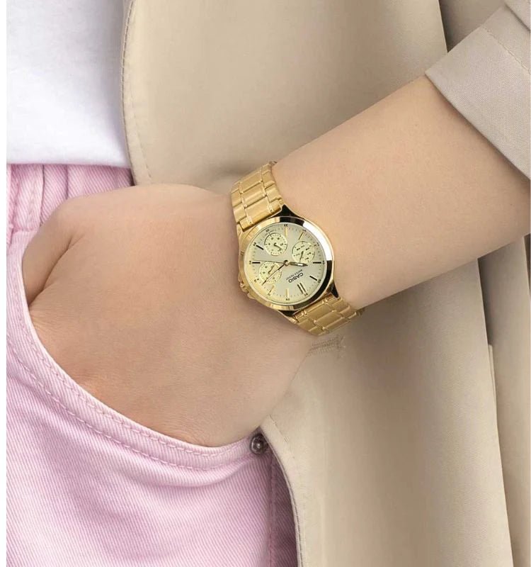 LTP-V300G-9AUDF Casio Golden Dial Golden Stainless Steel Analog Quartz Women's Watch. - Timecheck