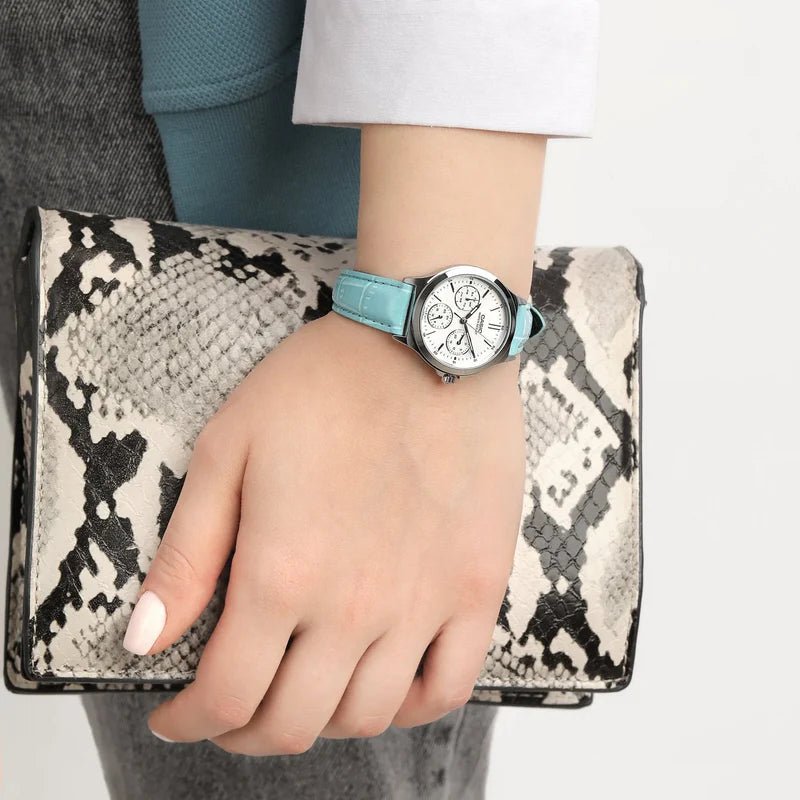 LTP-V300L-2AUDF Casio White Dial Light Blue Leather Strap Analog Quartz Women's Watch - Timecheck