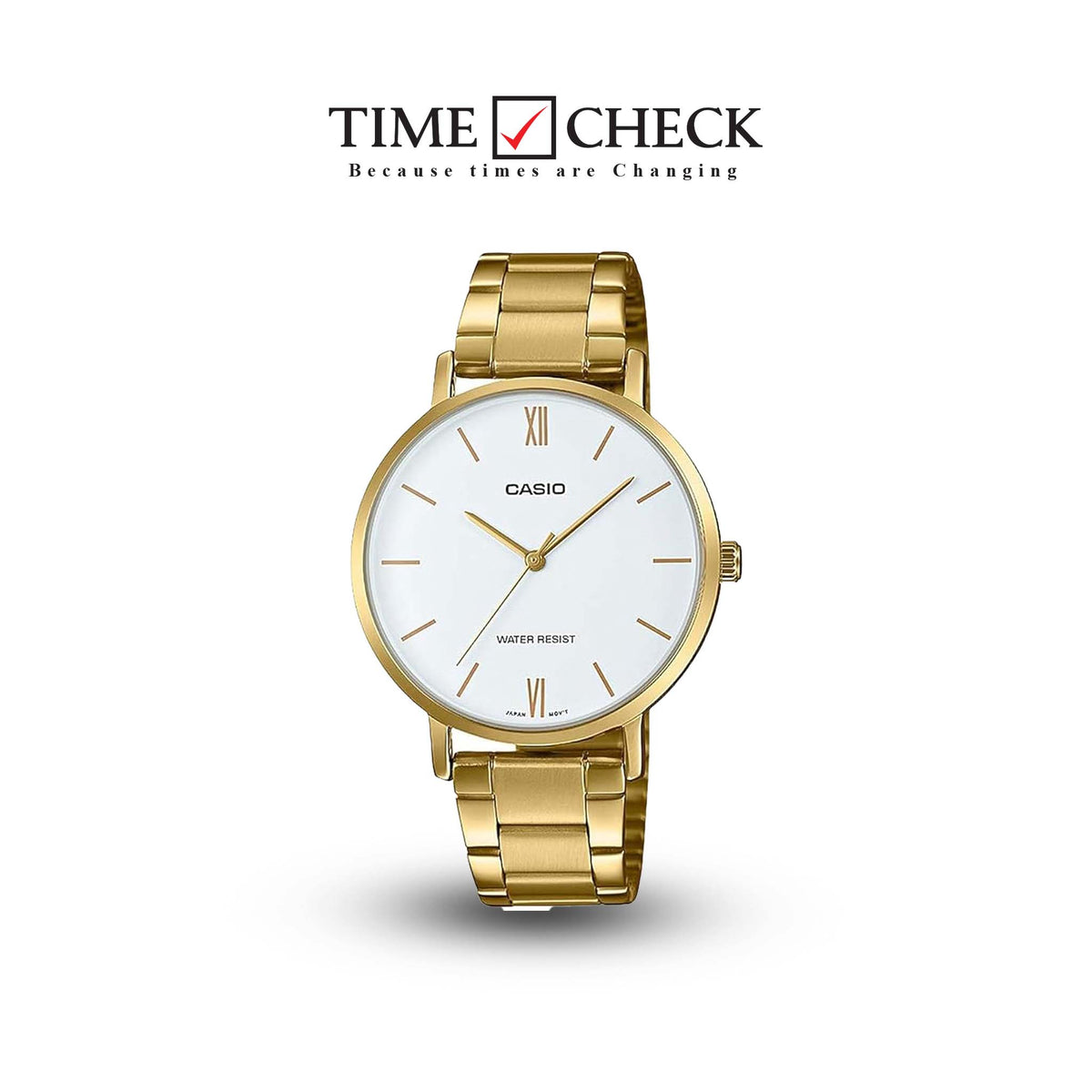 LTP-VT01G-7BUDF Casio White Dial Golden Stainless Steel Chain Analog Women's Watch. - Timecheck