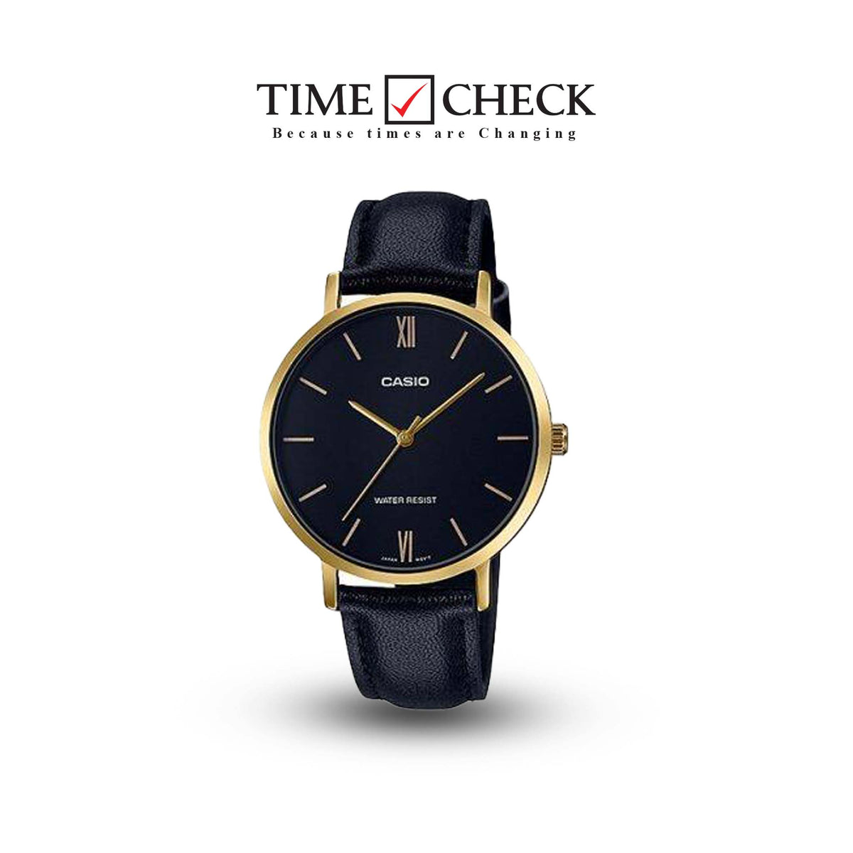 LTP-VT01GL-1BUDF Casio Black Dial Leather Strap Analog Quartz Women's Watch. - Timecheck
