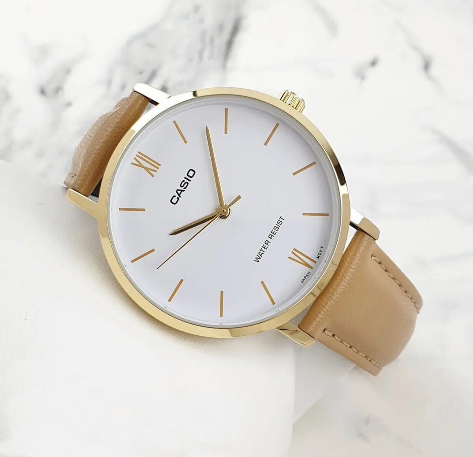 LTP-VT01Gl-7BUDF Casio White Dial Brown Leather Band Analog Watch. - Timecheck