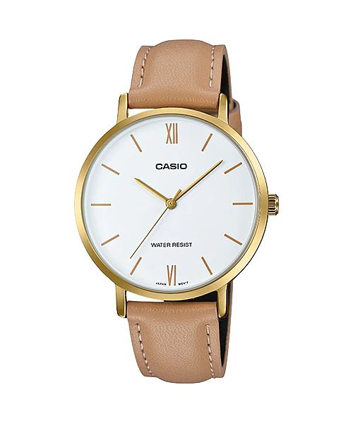 LTP-VT01Gl-7BUDF Casio White Dial Brown Leather Band Analog Watch. - Timecheck