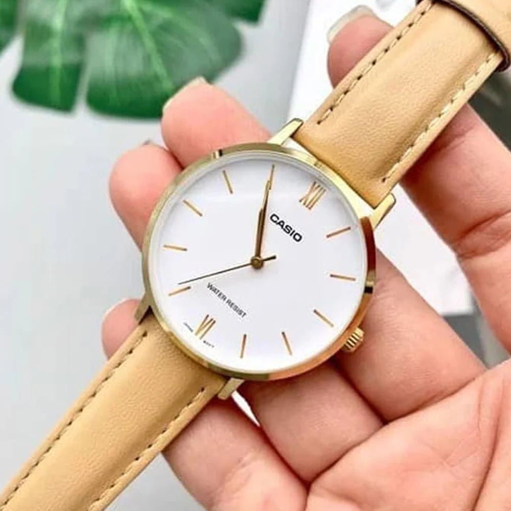 LTP-VT01Gl-7BUDF Casio White Dial Brown Leather Band Analog Watch. - Timecheck