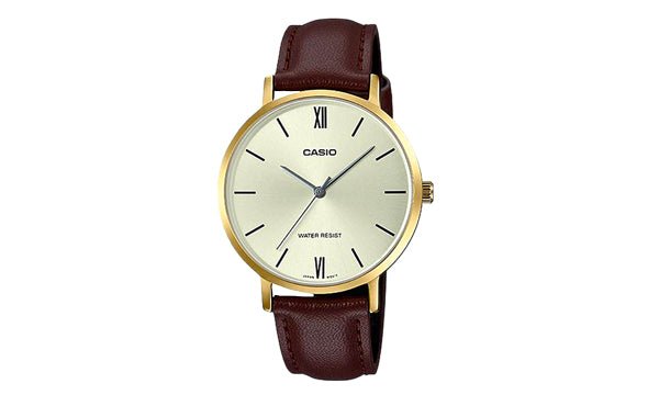 LTP-VT01Gl-9BUDF Casio Gold Tone Brown Leather Band Gold Dial 3-Hand Analog Watch. - Timecheck