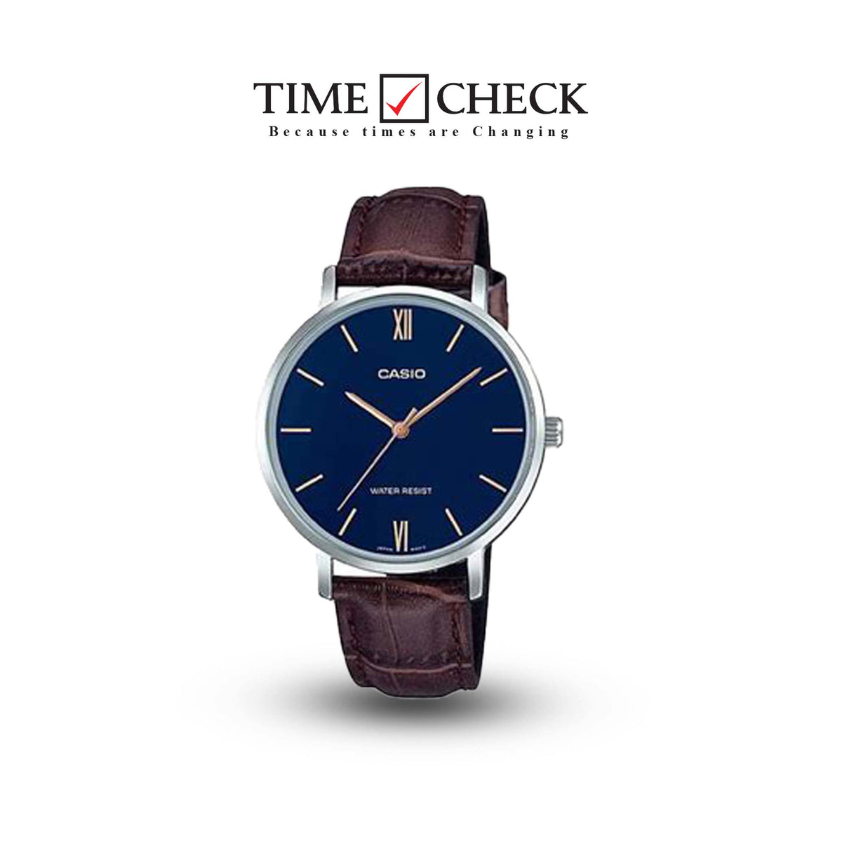 LTP-VT01L-2BUDF Casio Blue Dial Brown Leather Strap Analog Quartz Women's Watch. - Timecheck