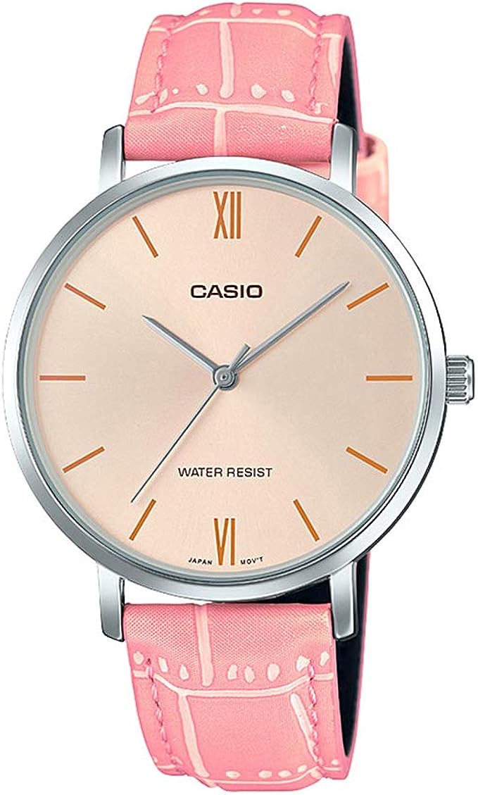 LTP-VT01L-4BUDF Casio peach Dial Leather Strap Analog Quartz Women's Watch. - Timecheck