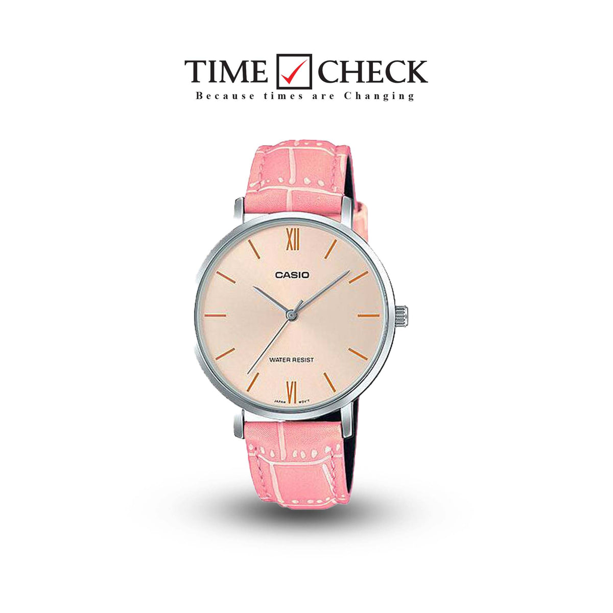 LTP-VT01L-4BUDF Casio peach Dial Leather Strap Analog Quartz Women's Watch. - Timecheck