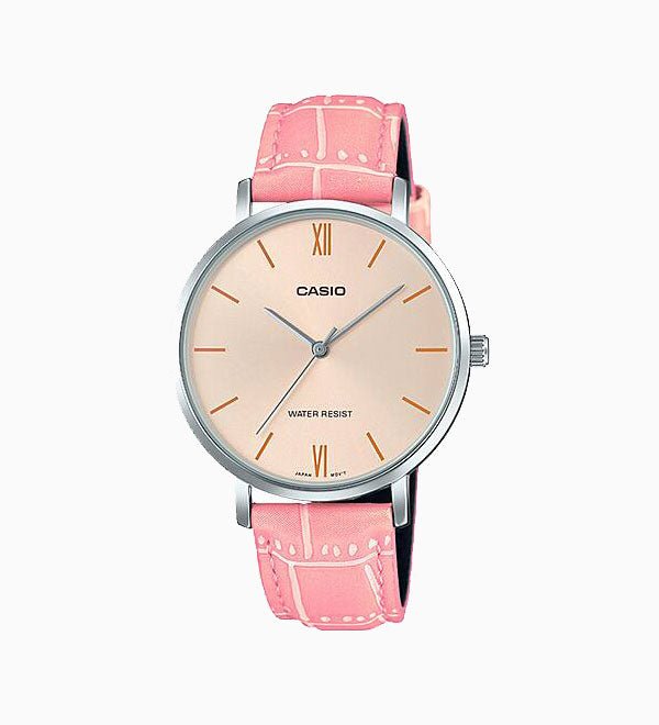 LTP-VT01L-4BUDF Casio peach Dial Leather Strap Analog Quartz Women's Watch. - Timecheck