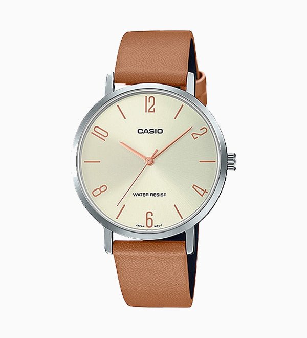 LTP-VT01L-5BUDF Casio Beige Dial Brown Leather Band Analog Women's Watch. - Timecheck