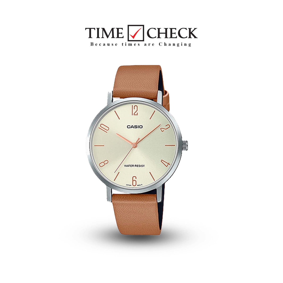 LTP-VT01L-5BUDF Casio Beige Dial Brown Leather Band Analog Women's Watch. - Timecheck