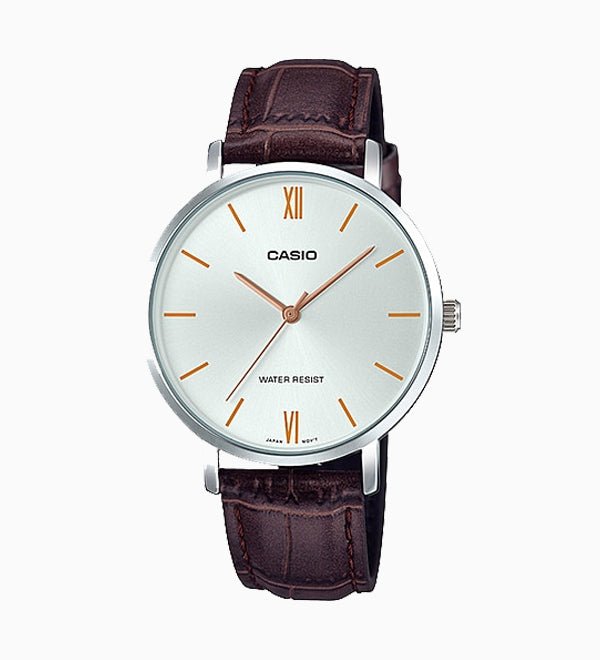 LTP-VT01L-7B2UDF Casio Silver Dial Leather Strap Analog Quartz Women's Watch. - Timecheck