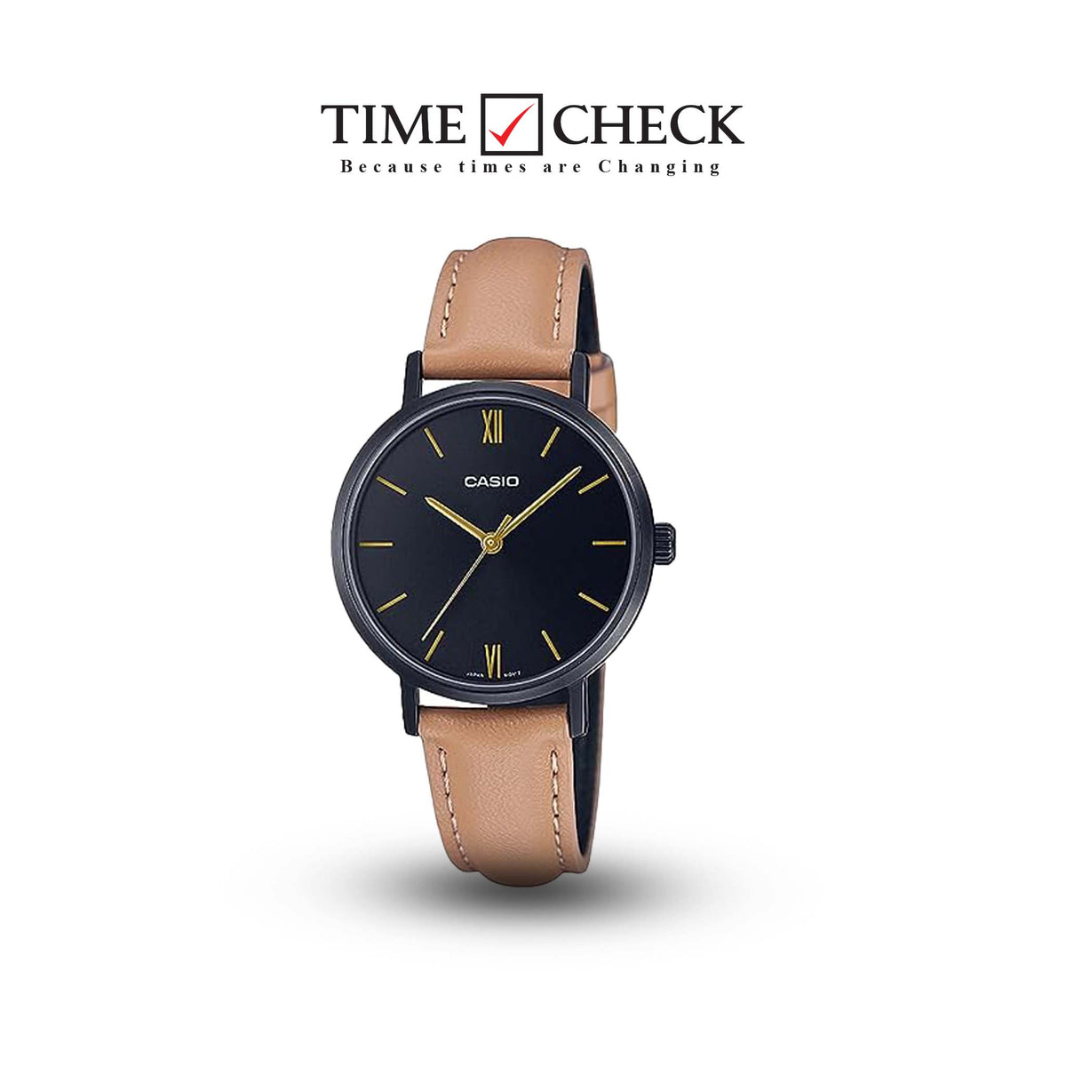 LTP-VT02BL-1AUDF Casio Black Dial Leather Strap Analog Quartz Women's Watch. - Timecheck