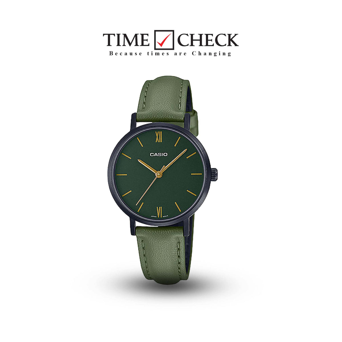 LTP-VT02BL-3AUDF Casio Green Dial Green Leather Strap Analog Quartz Women's Watch. - Timecheck