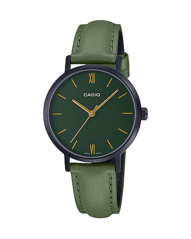 LTP-VT02BL-3AUDF Casio Green Dial Green Leather Strap Analog Quartz Women's Watch. - Timecheck