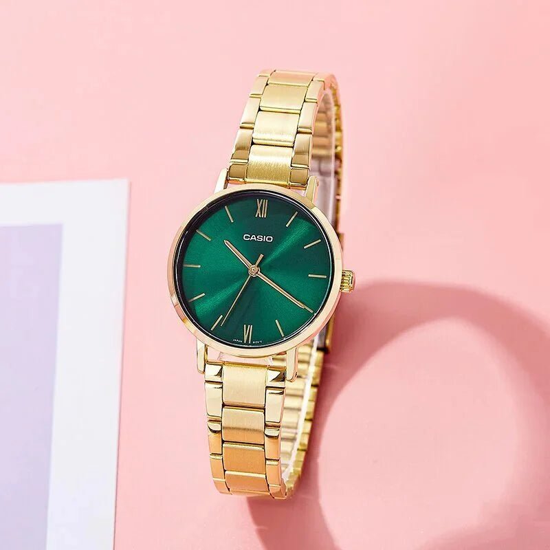 LTP-VT02G-3AUDF Casio Green Dial Golden Stainless Steel Chain Analog Quartz Women's Watch. - Timecheck