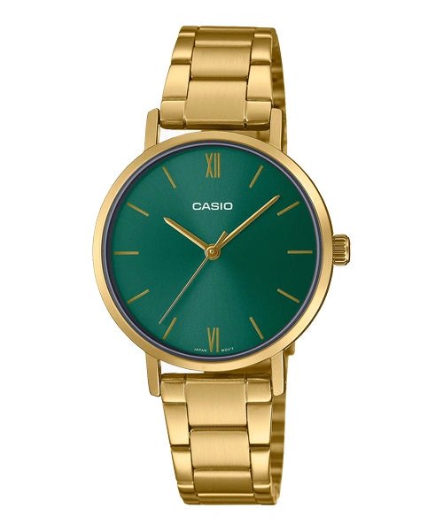 LTP-VT02G-3AUDF Casio Green Dial Golden Stainless Steel Chain Analog Quartz Women's Watch. - Timecheck