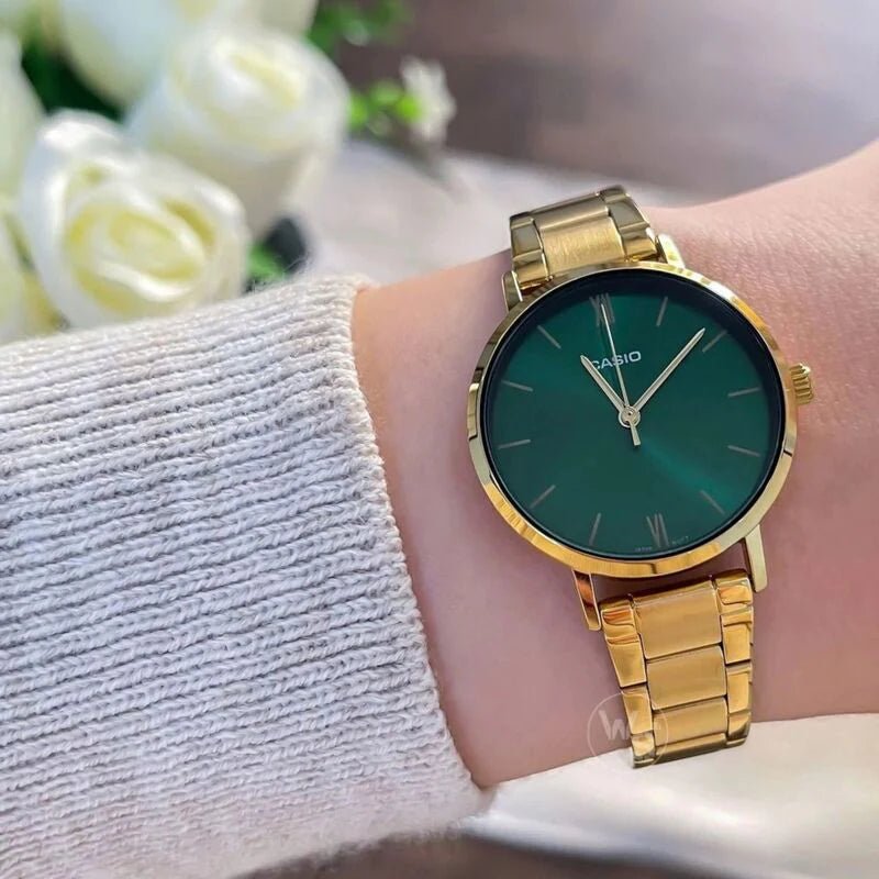 LTP-VT02G-3AUDF Casio Green Dial Golden Stainless Steel Chain Analog Quartz Women's Watch. - Timecheck