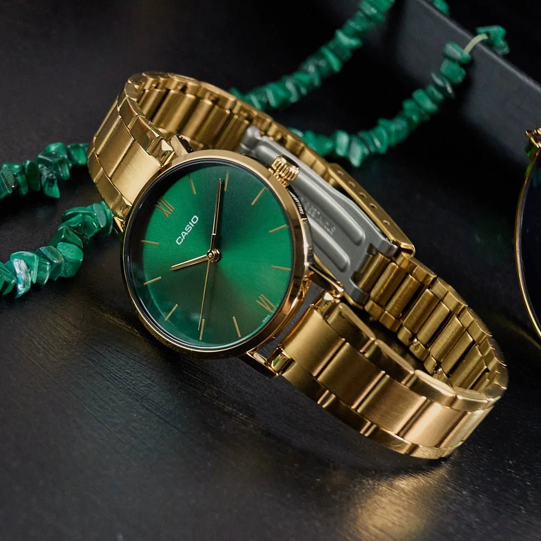 LTP-VT02G-3AUDF Casio Green Dial Golden Stainless Steel Chain Analog Quartz Women's Watch. - Timecheck
