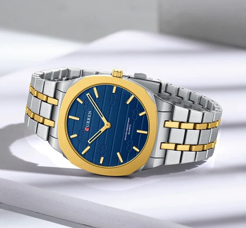 M-8444 Curren BLUE Dial Silver-gold Stainless Steel Analog Quartz men's Watch. - Timecheck