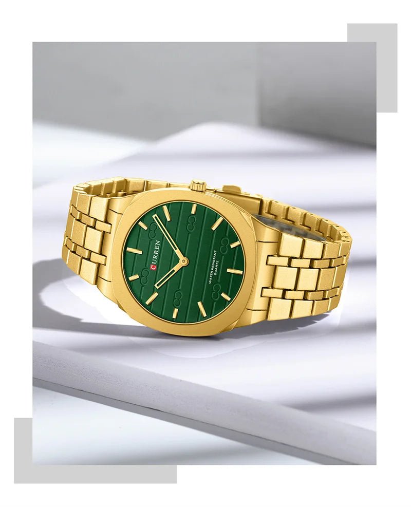 Curren M-8444 men's watch featuring a striking green analog dial and luxurious gold stainless steel link bracelet