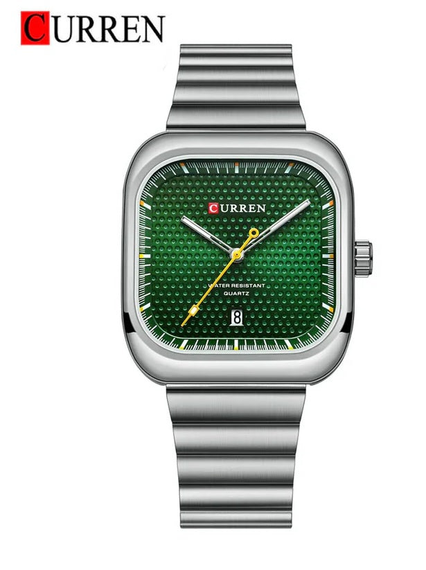 M:8460 curren green Dial Silver Stainless Steel Chain Analog Quartz Men's Watch.